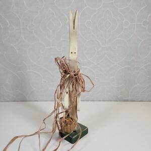 VTG Easter Bunny White Wood Brown Basket Hand Carved Folk Decor Rabbit Rustic